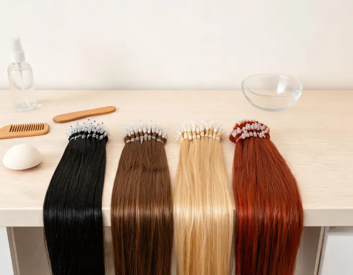 I-Tip Hair Extensions Sourcing on a cosmetics bench, illustration only