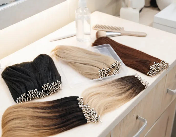 wholesale i tip hair extensions on a cosmetics bench, illustration only