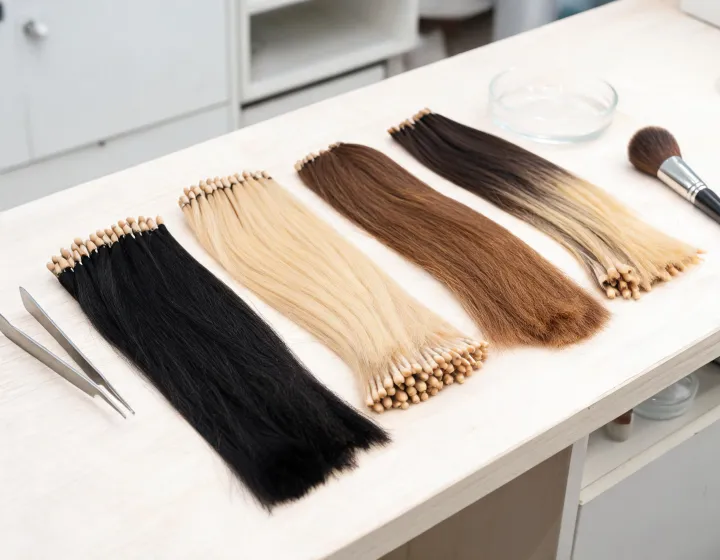 itip hair extensions on a cosmetics bench, illustration only