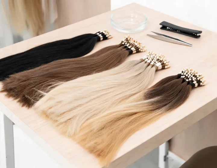 i tip hair extensions manufacturers on a cosmetics bench, illustration only