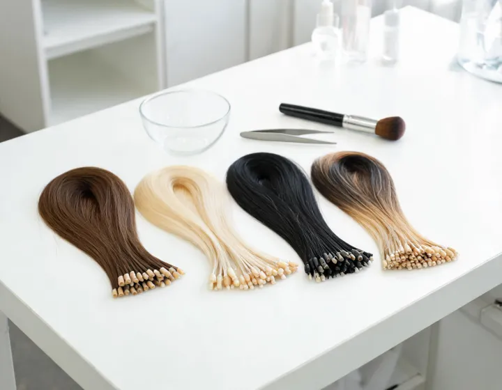 itip hair extensions on a cosmetics bench, illustration only